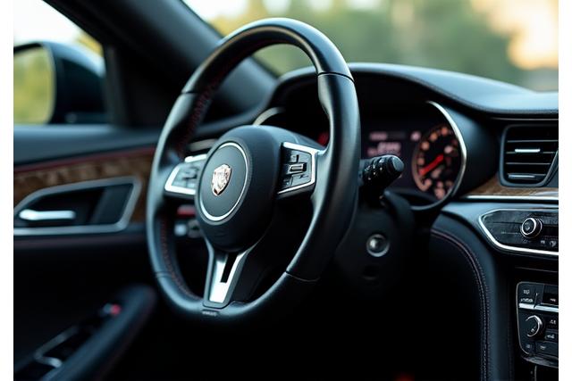 Detailaufnahme eines Lenkrads und Armaturenbretts eines Luxuswagens